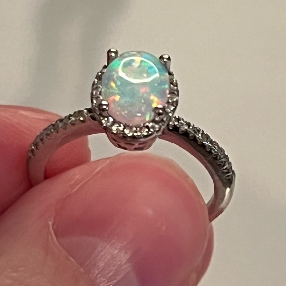 Fire Opal & Diamond 925 Silver Ring Size 5 - Picture 2 of 10